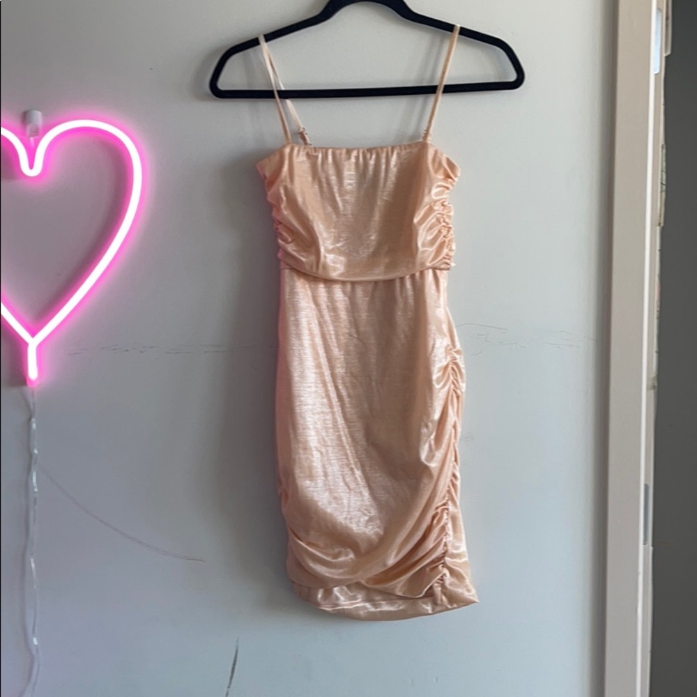 H:ours Pink shiny cinched mini dress